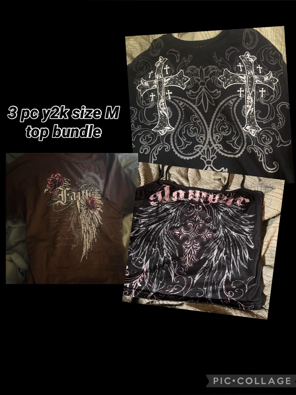 3 y2k tops bundle size M angel wings and cross designs